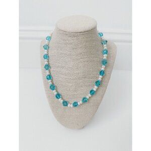 NWT Genuine Pearls & Crystal Beads Necklace Blue White